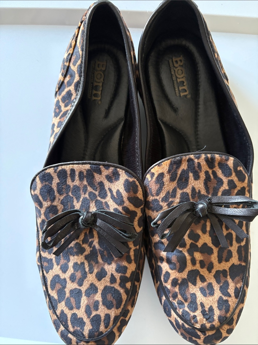 Born Leopard Print Tassel Loafers in Brown and Black